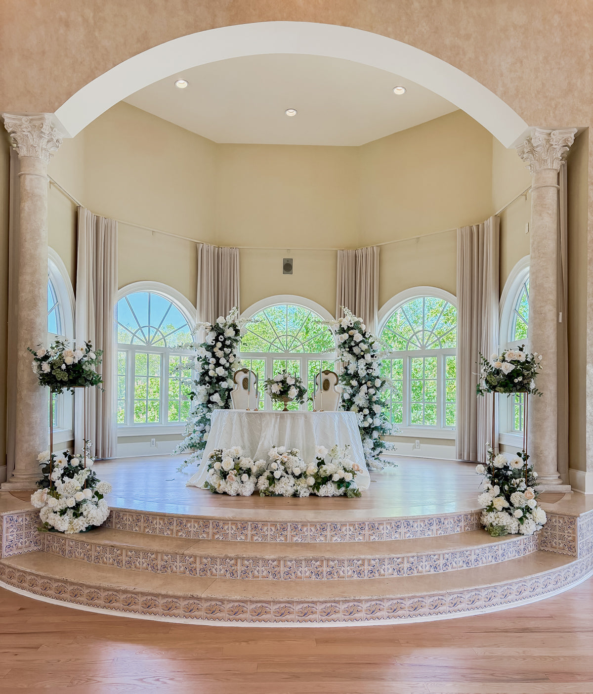 Ivory Garden Tiered Floral on Raised Gold Stand